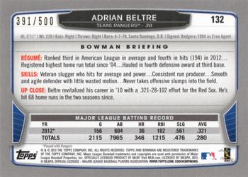 2013 Bowman - Blue #132 Adrian Beltre Back