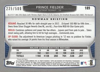 2013 Bowman - Blue #189 Prince Fielder Back