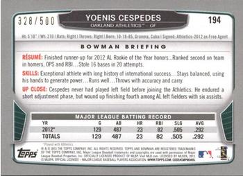 2013 Bowman - Blue #194 Yoenis Cespedes Back