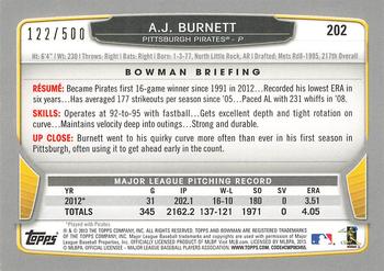2013 Bowman - Blue #202 A.J. Burnett Back