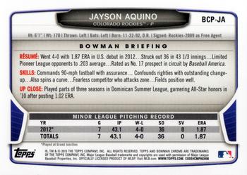 2013 Bowman - Chrome Prospect Autographs #BCP-JA Jayson Aquino Back