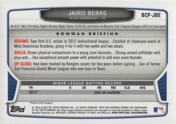 2013 Bowman - Chrome Prospect Autographs #BCP-JBE Jairo Beras Back