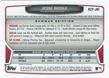 2013 Bowman - Chrome Prospect Autographs #BCP-JBI Jesse Biddle Back