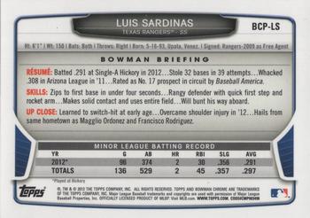 2013 Bowman - Chrome Prospect Autographs #BCP-LS Luis Sardinas Back