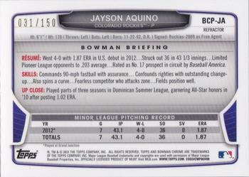2013 Bowman - Chrome Prospect Autographs Blue Refractors #BCP-JA Jayson Aquino Back