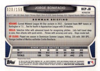2013 Bowman - Chrome Prospect Autographs Blue Refractors #BCP-JB Jorge Bonifacio Back
