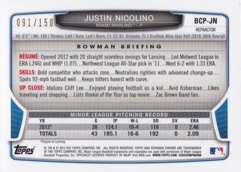2013 Bowman - Chrome Prospect Autographs Blue Refractors #BCP-JN Justin Nicolino Back