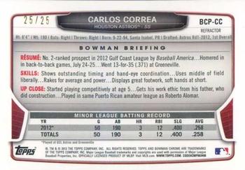 2013 Bowman - Chrome Prospect Autographs Orange Refractors #BCP-CC Carlos Correa Back