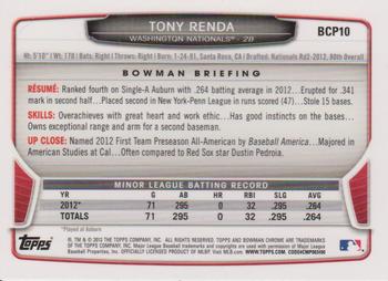 2013 Bowman - Chrome Prospects #BCP10 Tony Renda Back