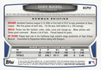 2013 Bowman - Chrome Prospects #BCP97 Cody Buckel Back