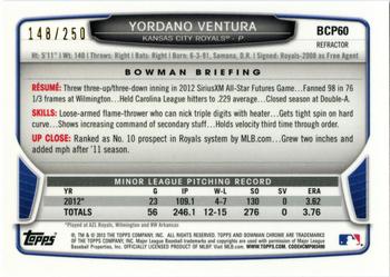 2013 Bowman - Chrome Prospects Blue Refractors #BCP60 Yordano Ventura Back