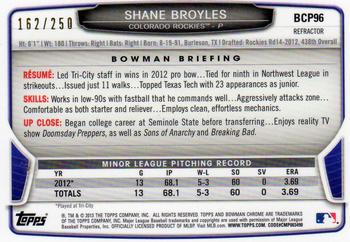 2013 Bowman - Chrome Prospects Blue Refractors #BCP96 Shane Broyles Back
