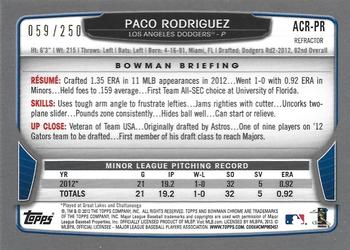 2013 Bowman - Chrome Rookie Autographs Blue Refractors #ACR-PR Paco Rodriguez Back