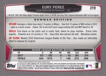 2013 Bowman - Gold #219 Eury Perez Back