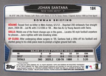 2013 Bowman - Gold #184 Johan Santana Back