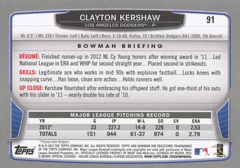 2013 Bowman - Gold #91 Clayton Kershaw Back
