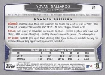 2013 Bowman - Hometown #64 Yovani Gallardo Back