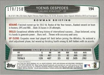 2013 Bowman - Orange #194 Yoenis Cespedes Back