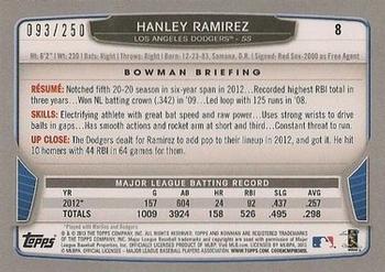 2013 Bowman - Orange #8 Hanley Ramirez Back