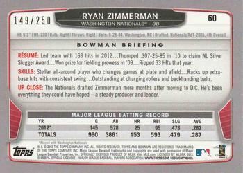 2013 Bowman - Orange #60 Ryan Zimmerman Back