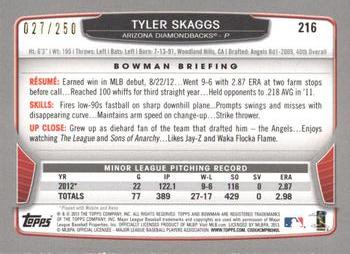 2013 Bowman - Orange #216 Tyler Skaggs Back