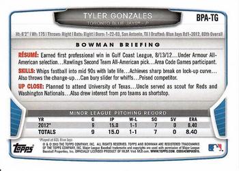 2013 Bowman - Prospect Autographs #BPA-TG Tyler Gonzales Back