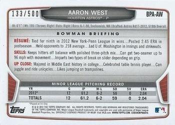 2013 Bowman - Prospect Autographs Blue #BPA-AW Aaron West Back