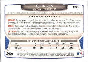 2013 Bowman - Prospects #BP85 Fu-Lin Kuo Back