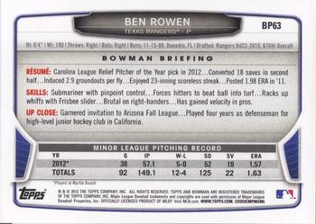 2013 Bowman - Prospects #BP63 Ben Rowen Back