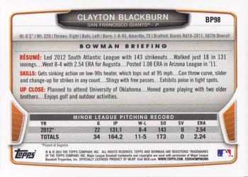 2013 Bowman - Prospects #BP98 Clayton Blackburn Back