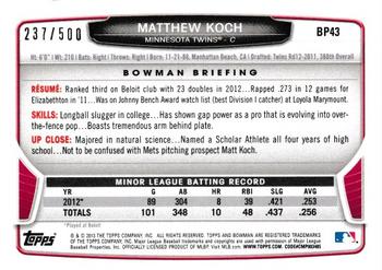 2013 Bowman - Prospects Blue #BP43 Matthew Koch Back