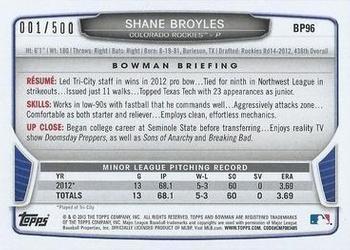2013 Bowman - Prospects Blue #BP96 Shane Broyles Back