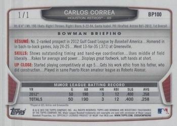 2013 Bowman - Prospects Red #BP100 Carlos Correa Back