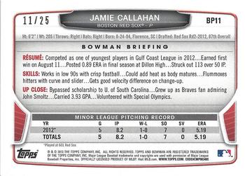 2013 Bowman - Prospects Red Ice #BP11 Jamie Callahan Back