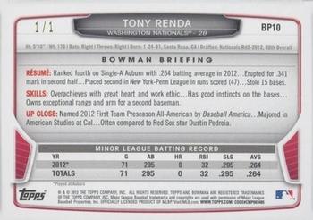 2013 Bowman - Prospects White Ice #BP10 Tony Renda Back