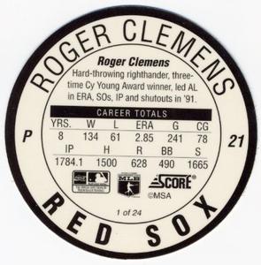 1992 Score Coca-Cola/Hardee's Major League Line-Up Discs #1 Roger Clemens Back