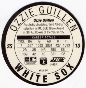 1992 Score Coca-Cola/Hardee's Major League Line-Up Discs #6 Ozzie Guillen Back