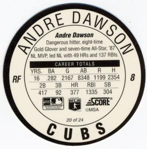 1992 Score Coca-Cola/Hardee's Major League Line-Up Discs #20 Andre Dawson Back