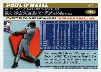 1996 Topps #284 Paul O'Neill Back