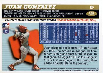1996 Topps #325 Juan Gonzalez Back