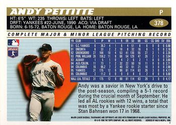 1996 Topps #378 Andy Pettitte Back