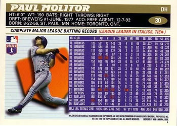 1996 Topps #30 Paul Molitor Back