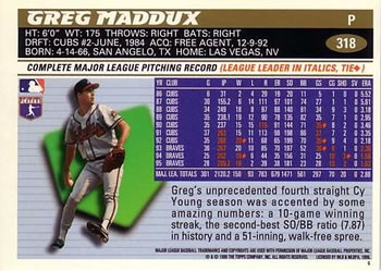 1996 Topps #318 Greg Maddux Back