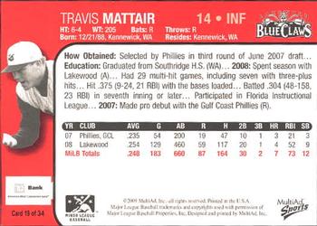 2009 MultiAd Lakewood BlueClaws #18 Travis Mattair Back