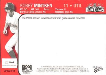 2009 MultiAd Lakewood BlueClaws SGA #19 Korby Mintken Back