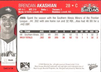 2009 MultiAd Lakewood BlueClaws SGA #1 Brendan Akashian Back