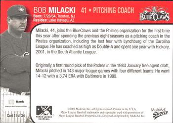 2009 MultiAd Lakewood BlueClaws SGA #30 Bob Milacki Back