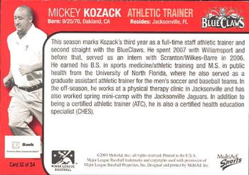 2009 MultiAd Lakewood BlueClaws #31 Mickey Kozack Back