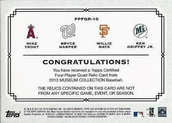 2013 Topps Museum Collection - Primary Pieces Four Player Quad Relics #PPFQR-10 Willie Mays / Ken Griffey Jr. / Bryce Harper / Mike Trout Back