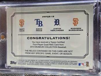 2013 Topps Museum Collection - Primary Pieces Four Player Quad Relics Gold #18 David Price / Matt Cain / Justin Verlander / Madison Bumgarner Back